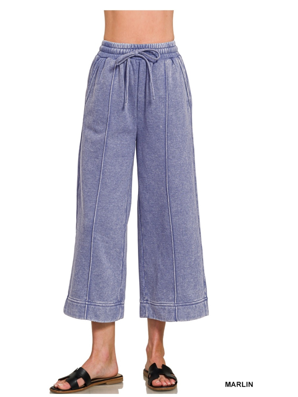 397 Zenana Marlin ACID WASHED FLEECE PINTUCK WIDE LEG CROPPED
PANT